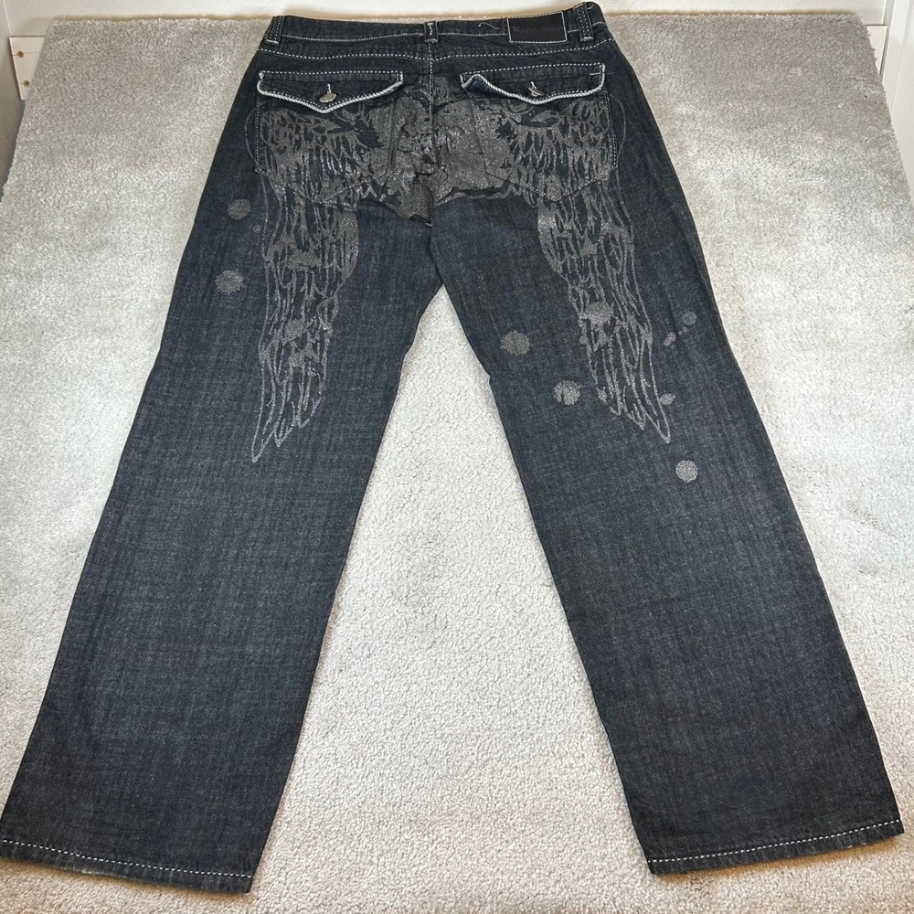 VTG Royal Army Jeans Mens 38x34 Black Wing Graphic Glitter Embroidered Y2K Baggy